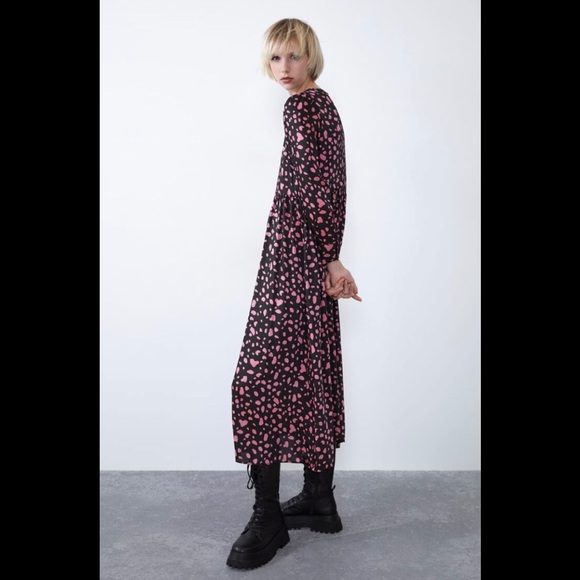 Zara Size Medium Black With Pink Polka Dots Printed Long Sleeve Midi Dress - Picture 3 of 13